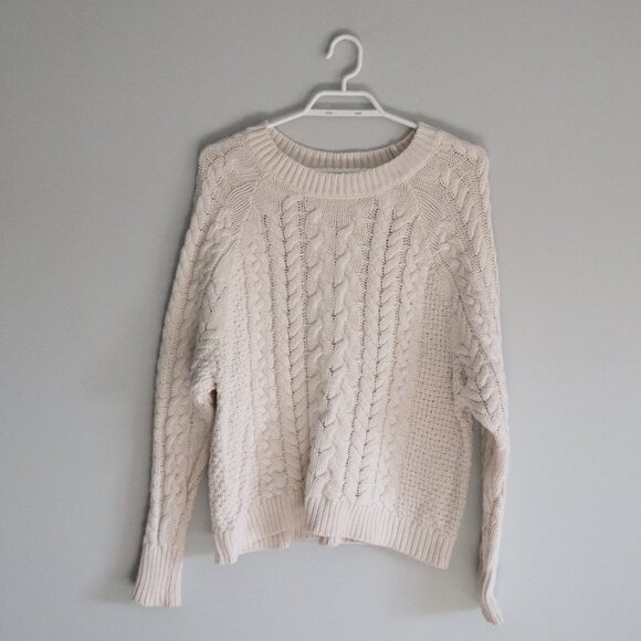 Aerie Womens White Sz S Cable Knit Crewneck Pullover Long Sleeve Ribbed Sweater - Picture 1 of 12